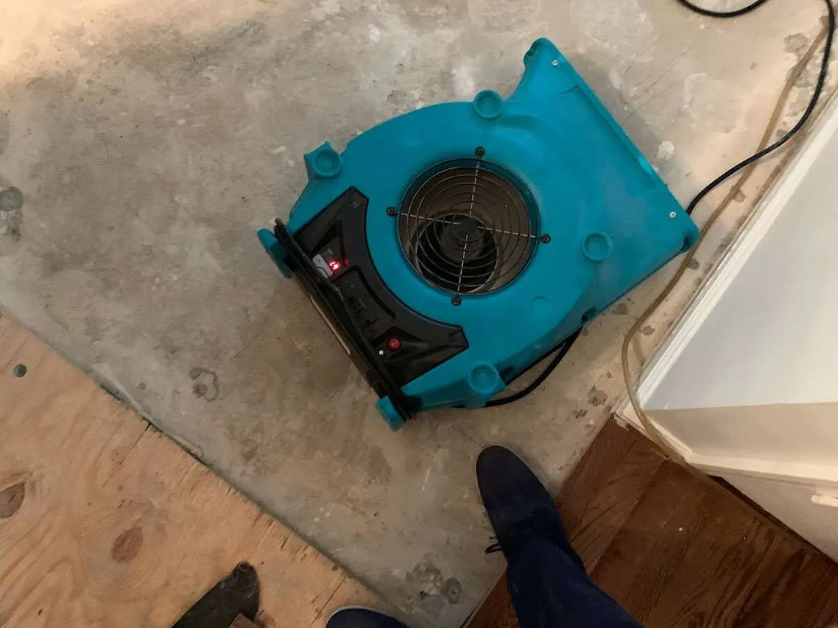 Air mover drying subfloor during Commercial Water Damage Restoration in Stafford